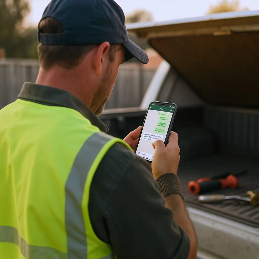 Tradie reading job summary on WhatsApp
